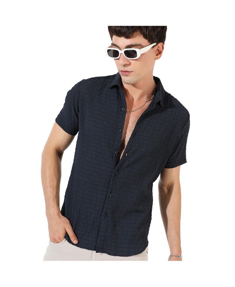 Men's Black Textured Regular Fit Casual Shirt