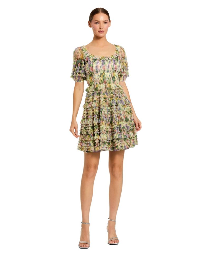 Women's Floral Mesh Puff Sleeve Ruffle Mini Dress