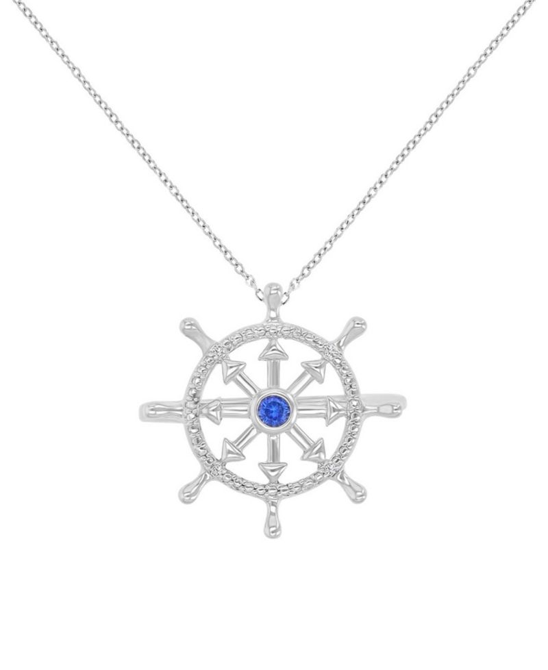 Diamond Accent & Created Blue Sapphire Rudder Necklace in Rhodium Over Sterling Silver