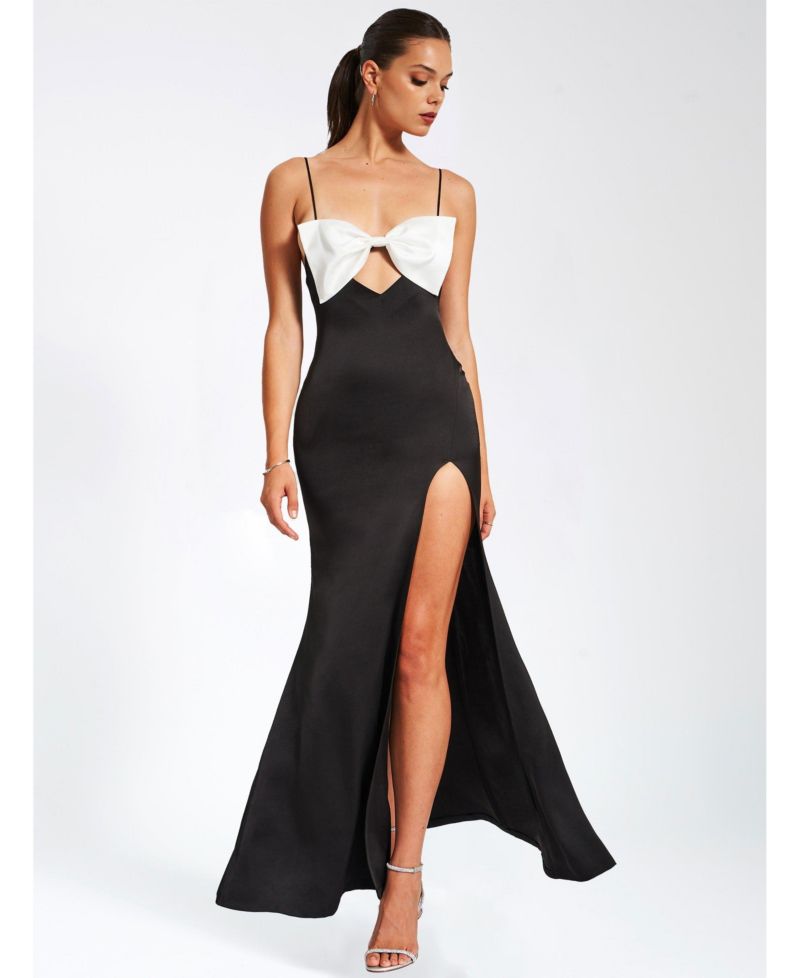 Women Eleanor Black and White Bow Satin Gown