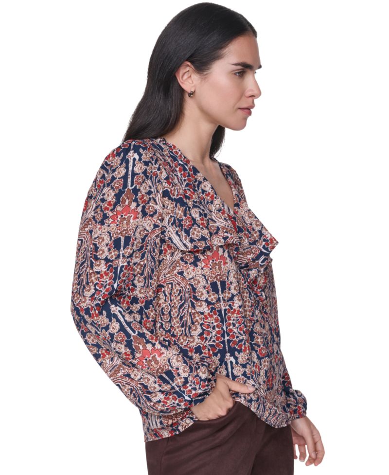 Women's Long-Sleeve Floral-Print Ruffle-Trim V-Neck Blouse