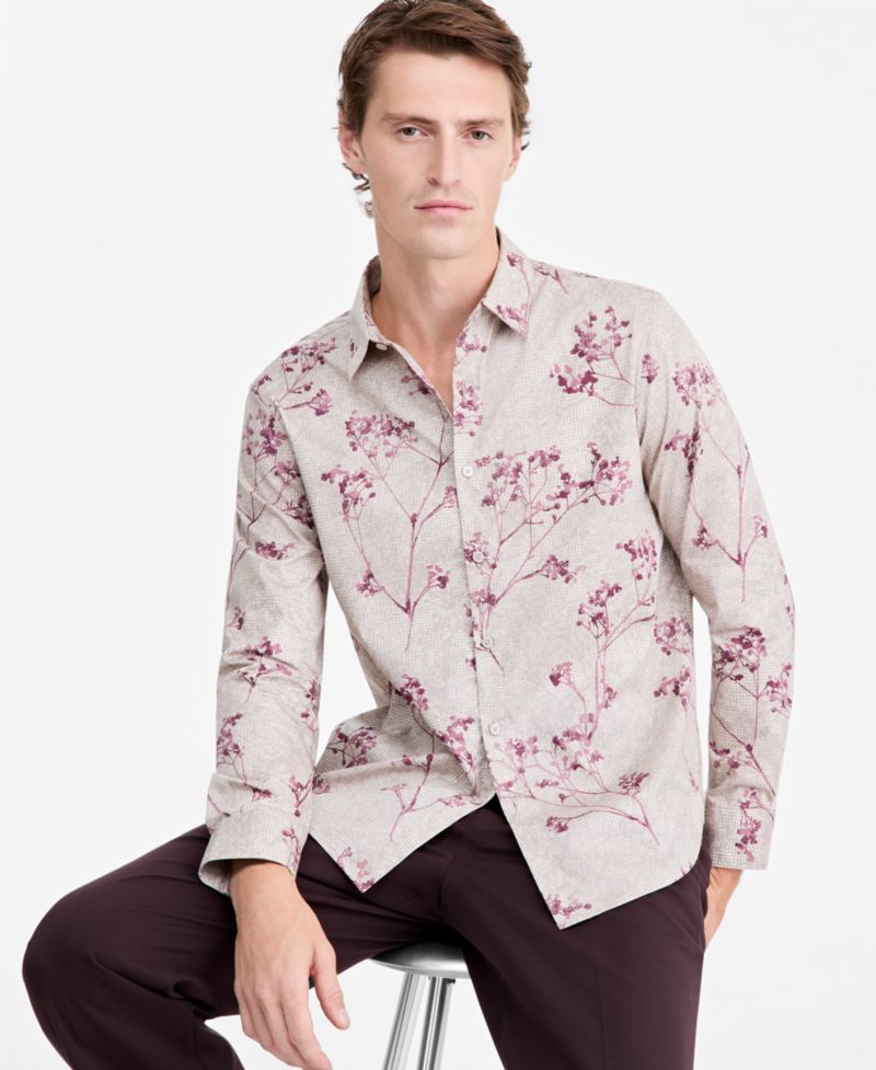 Men's Botanical Texture Long-Sleeve Floral Button-Down Shirt