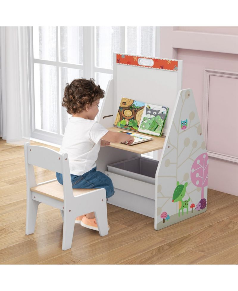 Kids Table & Chair Set with Rotatable Double-sided Magnetic Blackboard & Whiteboard