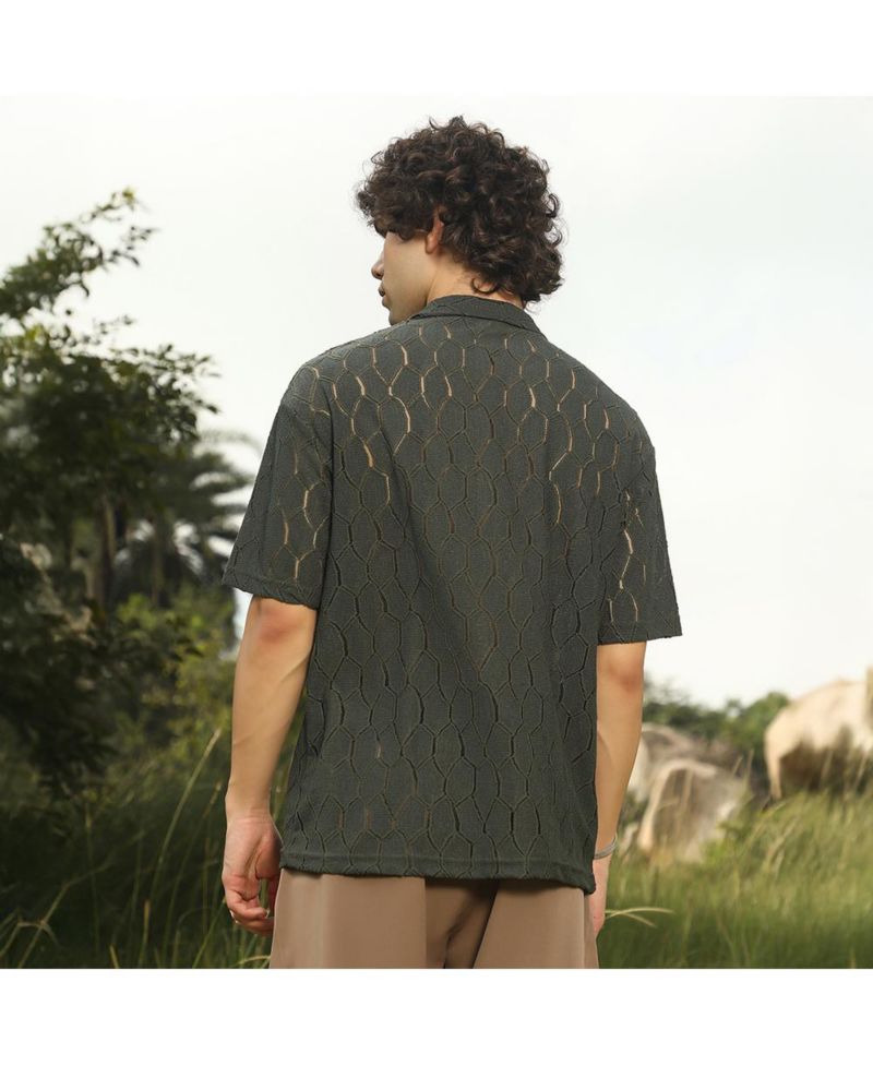 Men's Juniper Green Honeycomb-Knit Polo T-Shirt