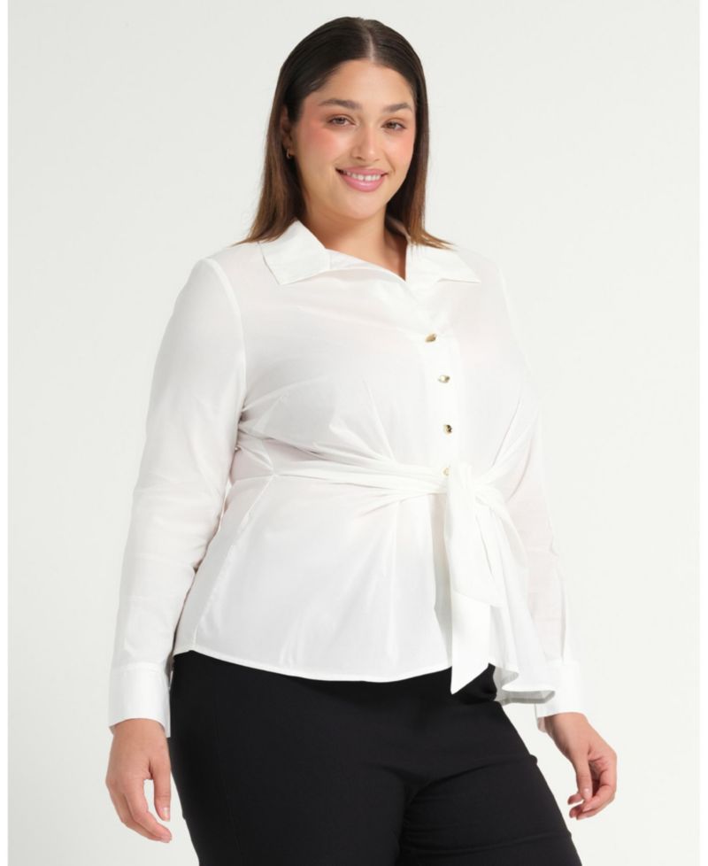 Plus Size Leo Collared V-Neck Button Tie-Front Shirt