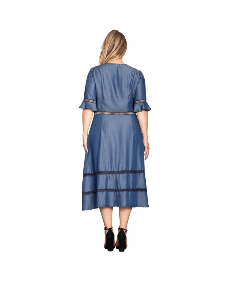 Women's Lace Detailing Trim Tencel Denim Midi Dress