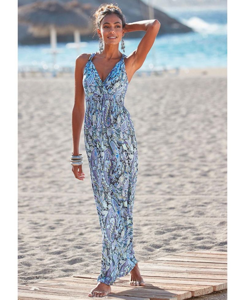 Women's Viscose Paisley Print Smocked V-Neck Smocked-Waist Maxi Dress