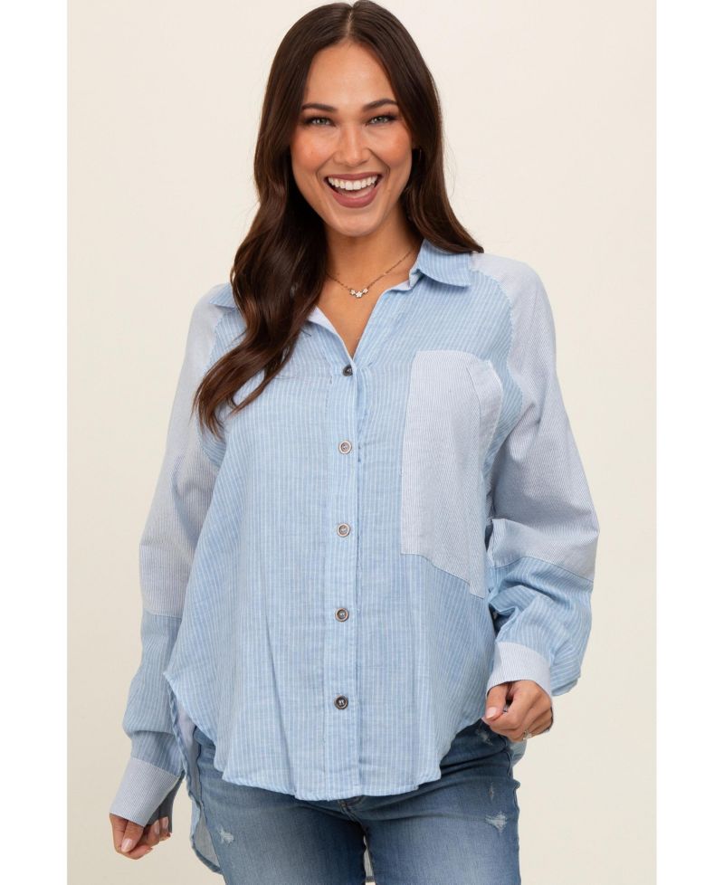 Women's Light Blue Striped Colorblock Button Up Top