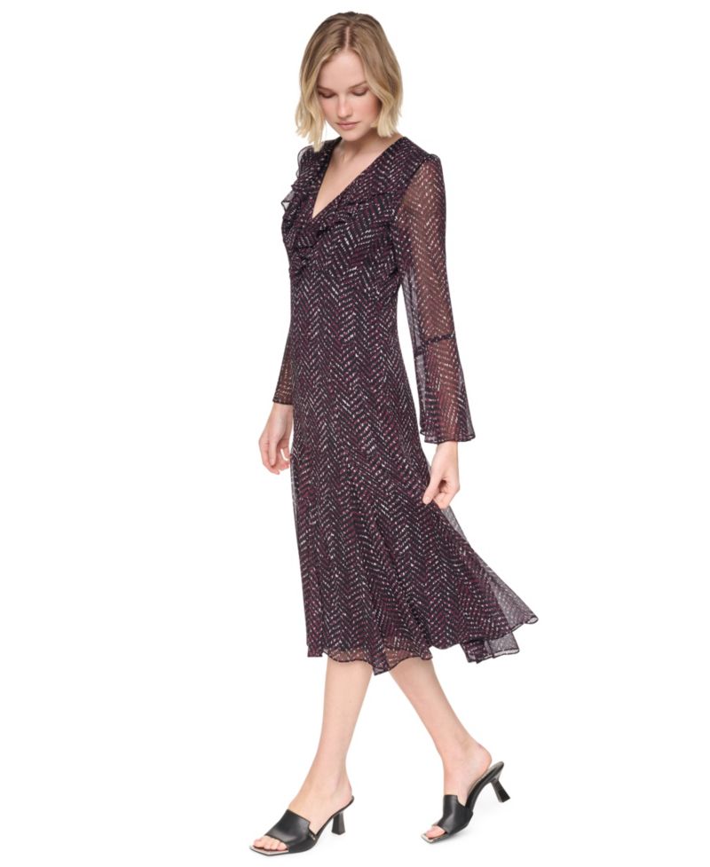 Women's Ruffle Midi V-Neck Dress