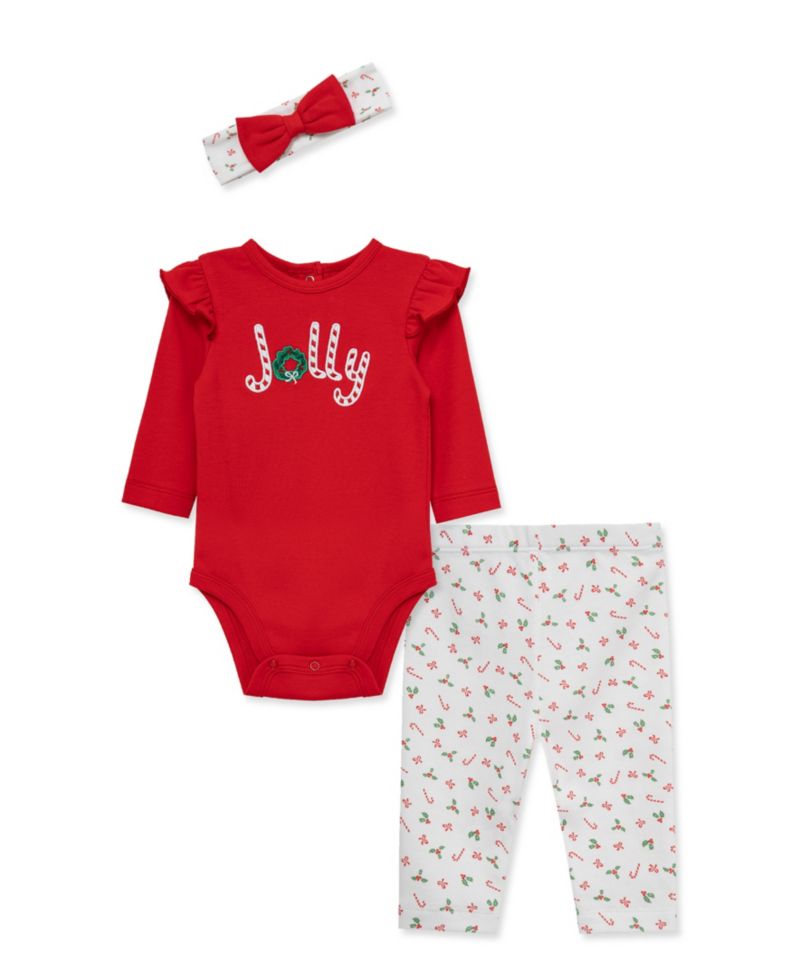 Baby Girls' Jolly Embroidered Bodysuit, Pants and Headband, 3-Piece Set