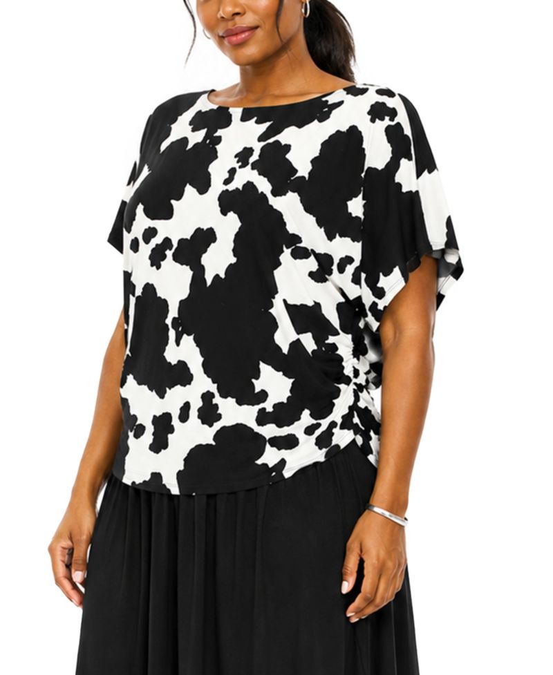 Plus Size Cow Print Batwing Short-Sleeve Side-Ruched Boat Neck Top
