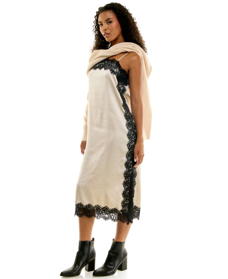 Juniors' Wrap Sweater and Lace Trim Midi Slip Dress, 2-Piece Set