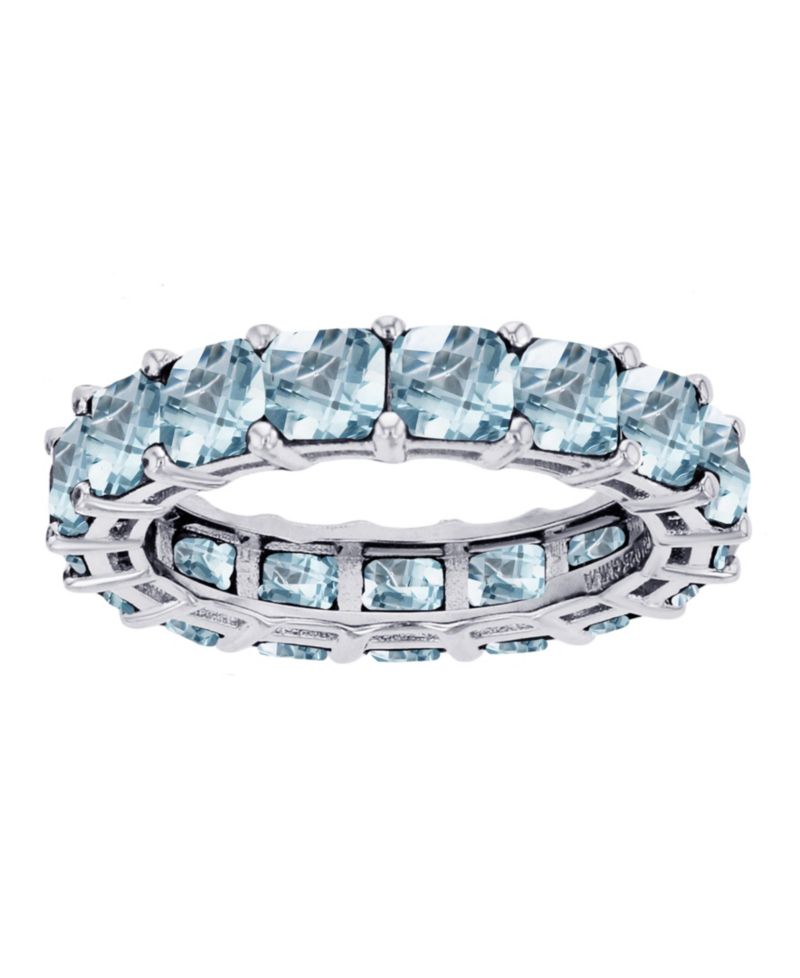 Lab Grown Light Blue Spinel Princess Cut Eternity Band in Rhodium Plated Sterling Silver