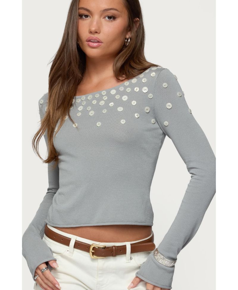 Womens Iridescent Button Boat Neck Top