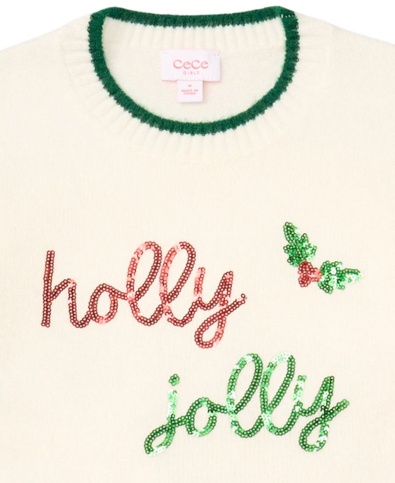 Girls' 7-16 Holly Jolly Long-Sleeve Crewneck Sequin Sweater