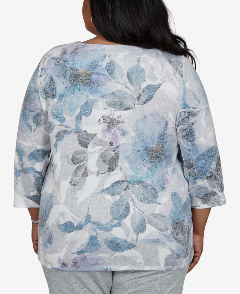 Plus Size Floral-Print 3/4-Sleeve T-Shirt