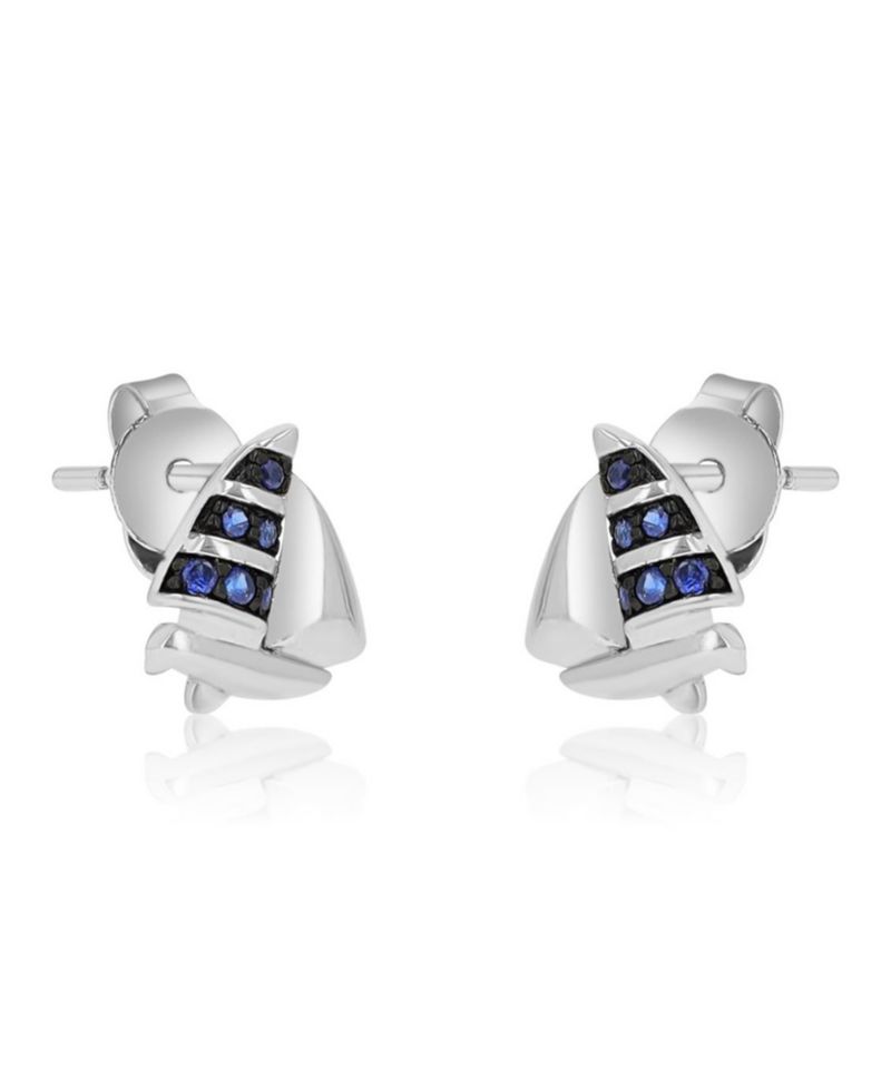 Created Blue Sapphire Ship Stud Earrings in Rhodium Over Sterling Silver