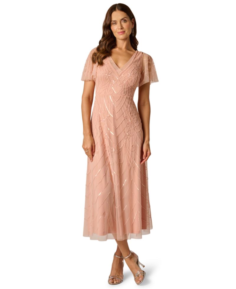V-Neck Beaded Mesh Flutter-Sleeve Dress