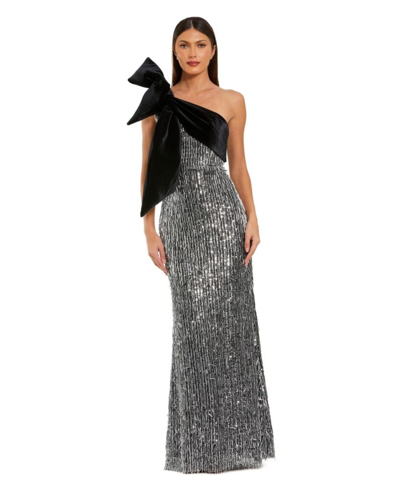 Women's One-Shoulder Sequin Velvet Bow Gown