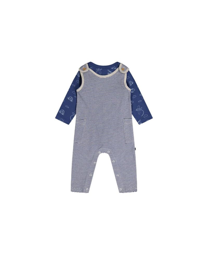 Baby Boy ( 3M to 24 M ) Cotton Onesie with Overalls Set Printed Transportation