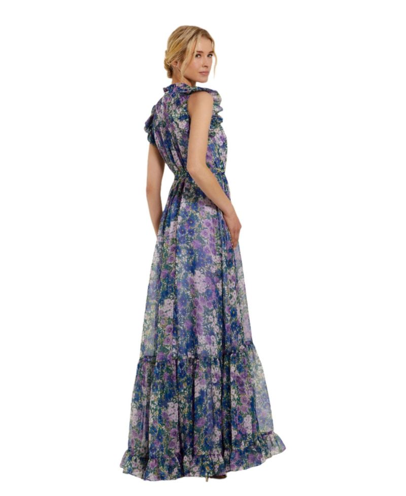 Women's Belted Floral Chiffon Ruffle Sleeve Gown