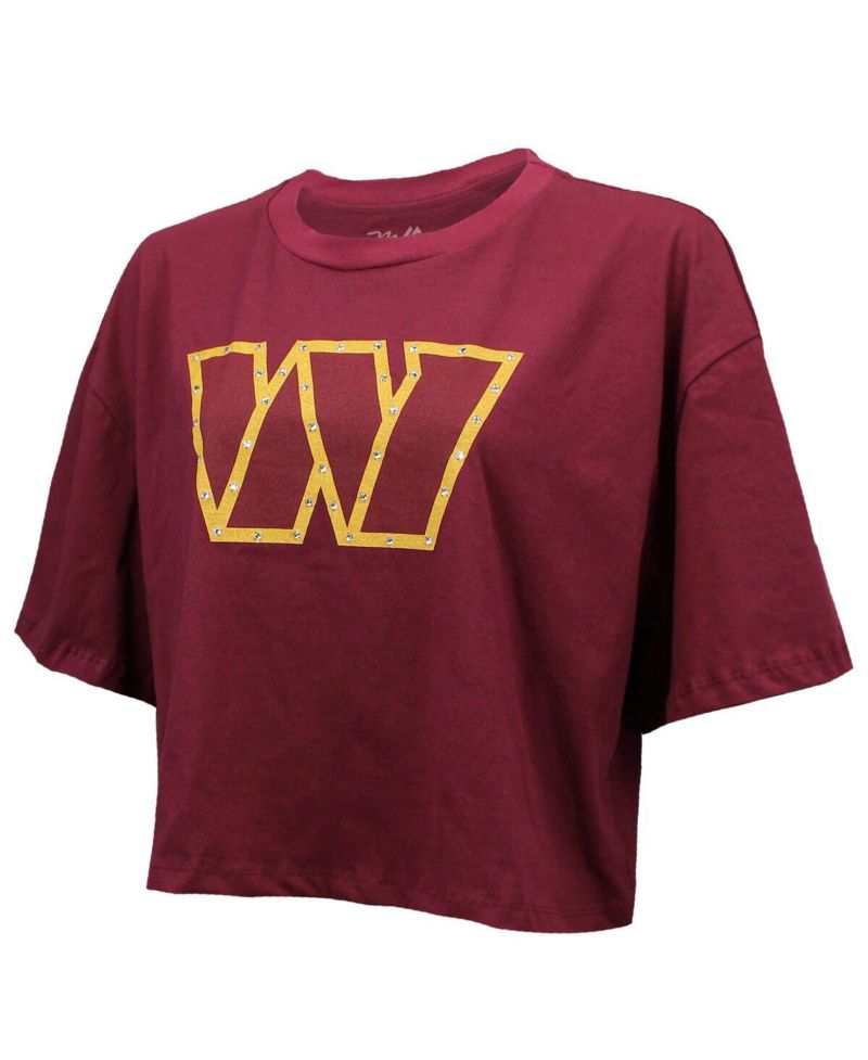 Women's Jayden Daniels Burgundy Washington Commanders Swarovski Crystals Boxy Cropped Name & Number T-Shirt