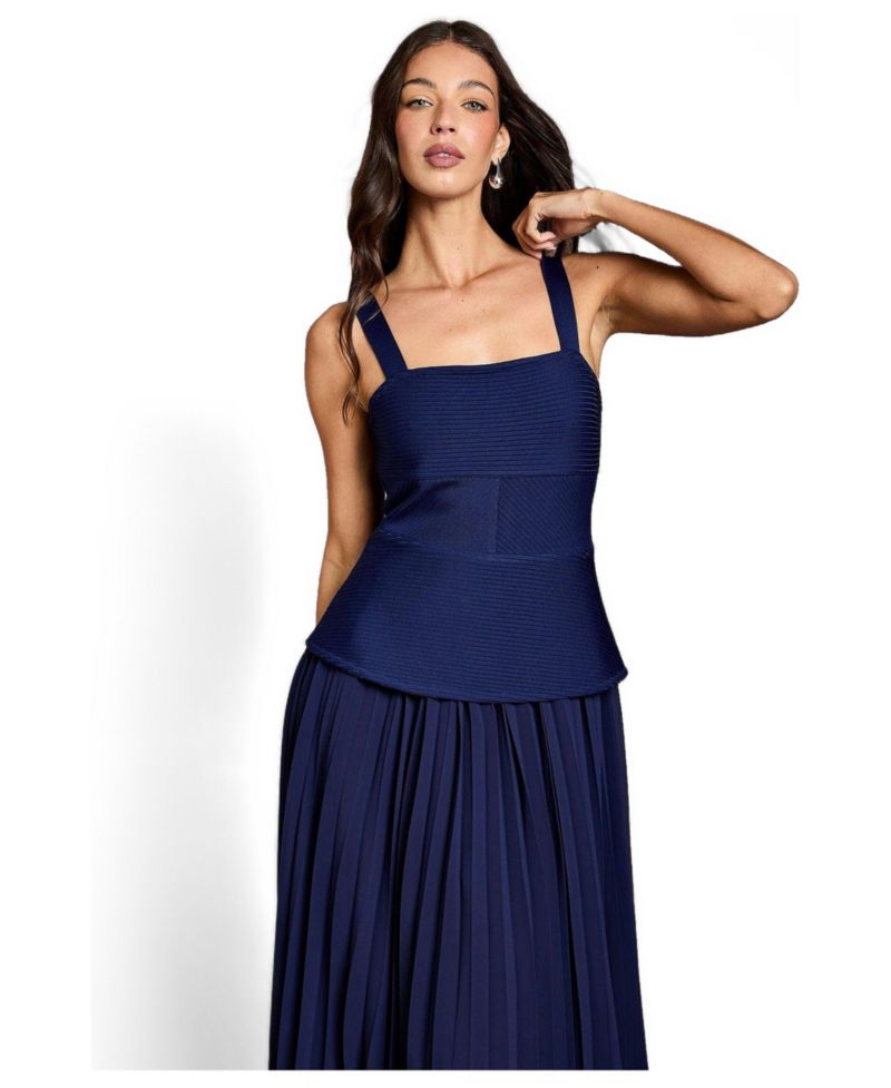 Women's Bandage Square Neck Pleated Midi Dress