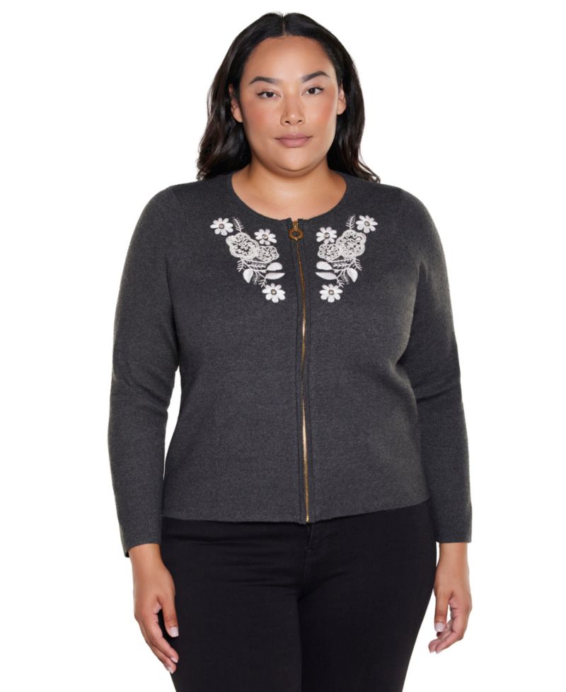 Plus Size Fitted Floral Full-Zip Cardigan