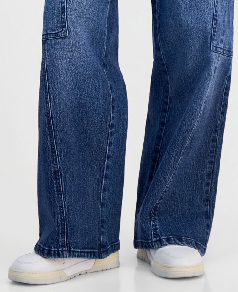 Juniors' Elastic-Back Mid-Rise Wide-Leg Cargo Jeans
