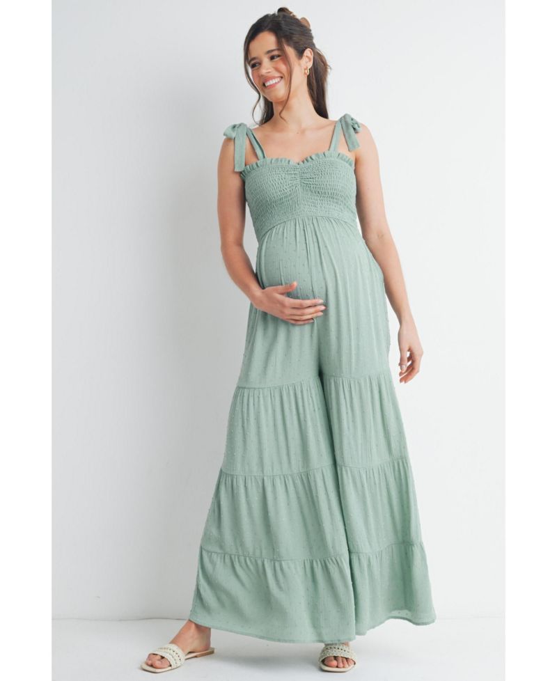 Maternity Sleeveless Smocked Wide Leg Jumpsuit with Tie Straps