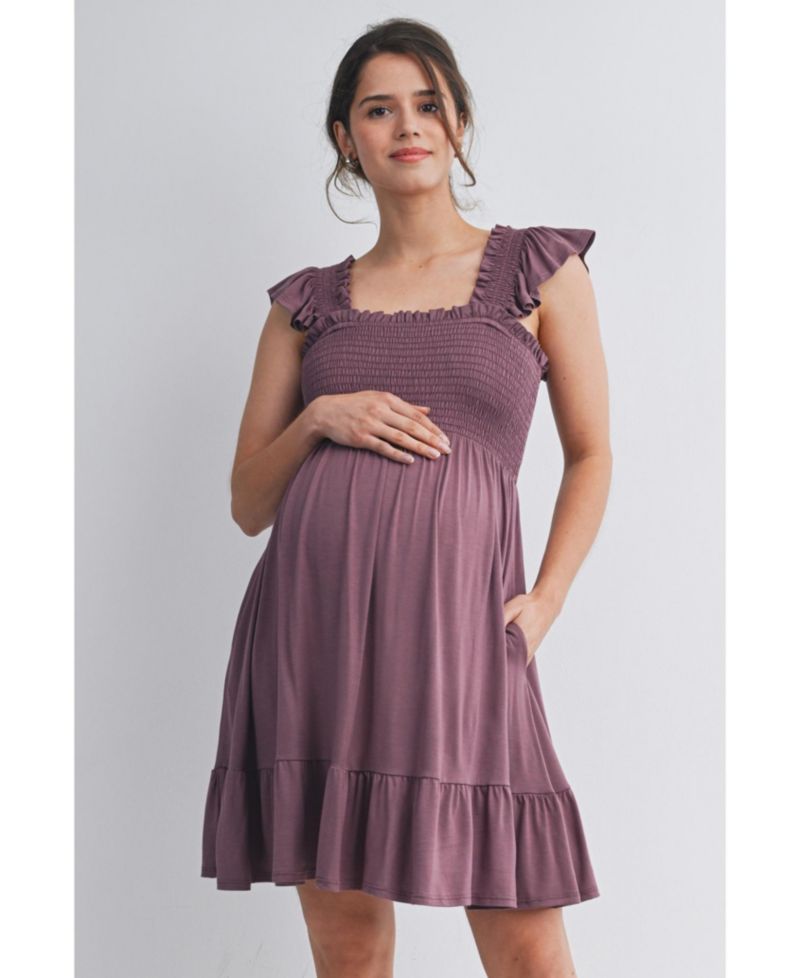 Women's Empire Waist Cap Sleeve Smocked Dress with Ruffle Hem