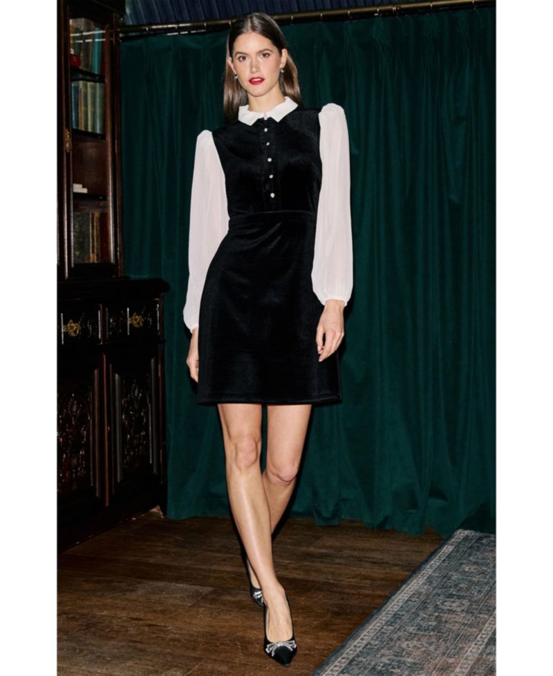 Women's Contrast Long Sleeve Velvet Mini Dress