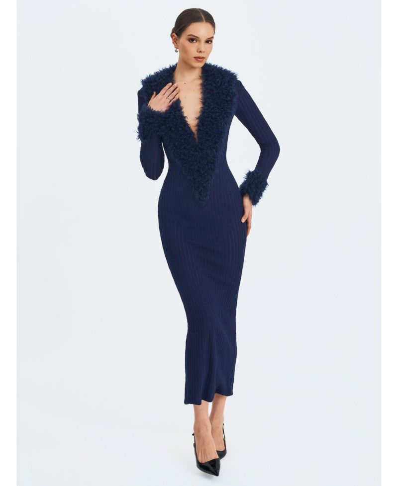 Women's Romina Plunging Fur Trimmed Crochet Maxi Dress