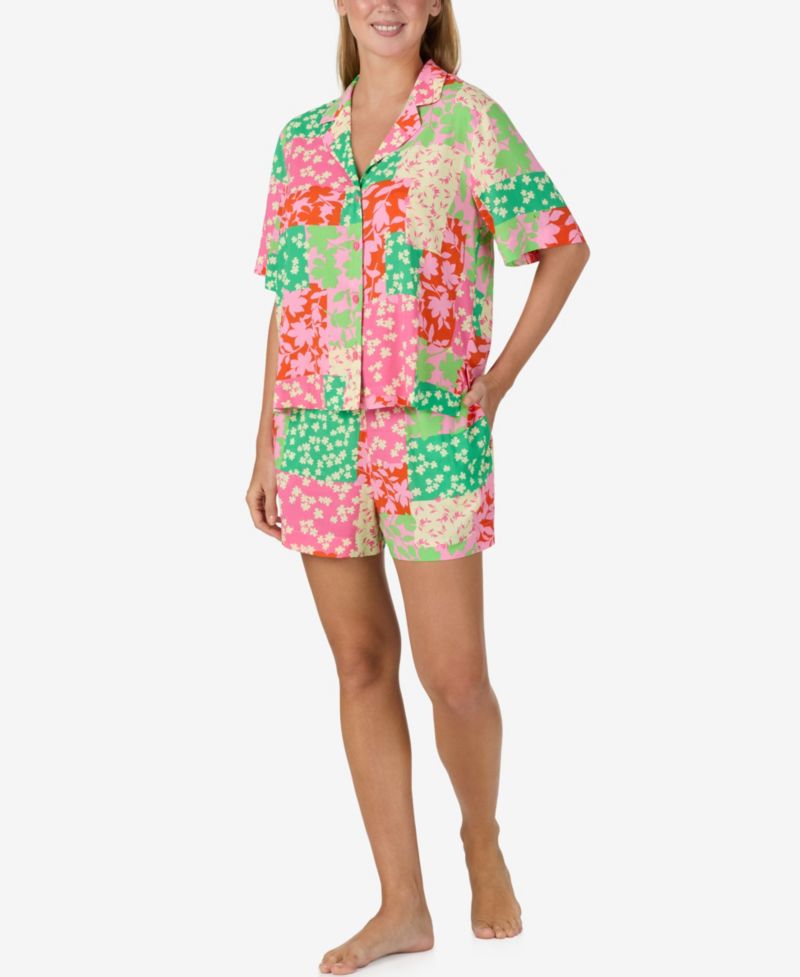 Women's Notch Collar Top and Mid-Rise Boxer Shorts, 2-Piece Set