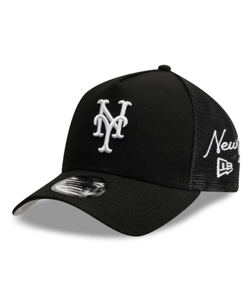 Men's Black New York Mets Side Script 9FORTY A-Frame Trucker Adjustable Hat