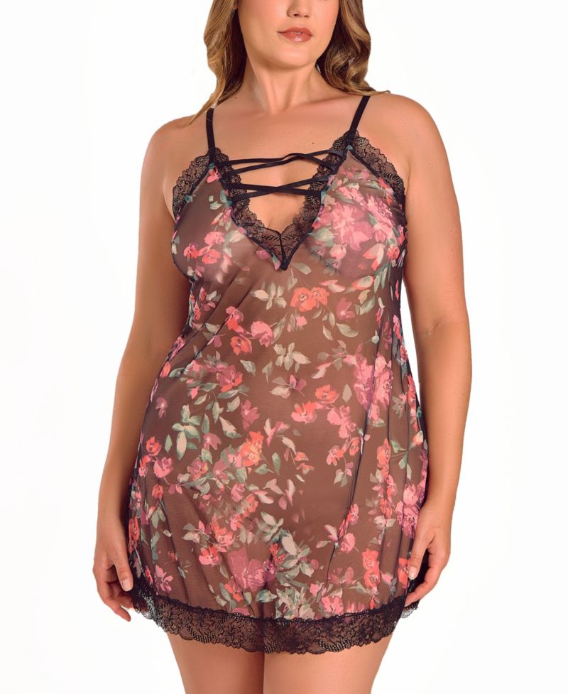 Plus Size Floral Lace Up Chemise Lingerie Set