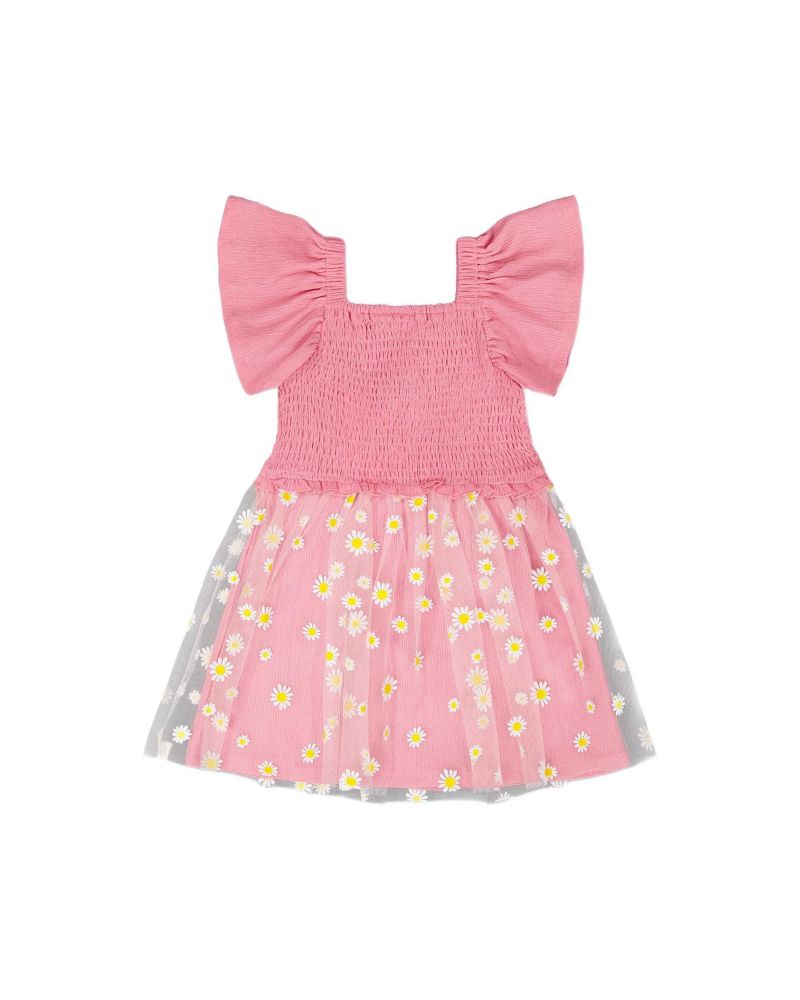 Girl Mesh and Crinkle Jersey Dress with Smocking Pink - Child