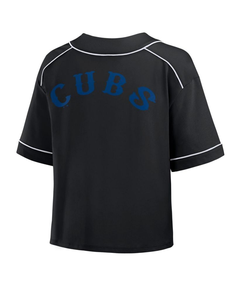 Women's Black Chicago Cubs Oversized Champ Game Cropped V-Neck T-Shirt