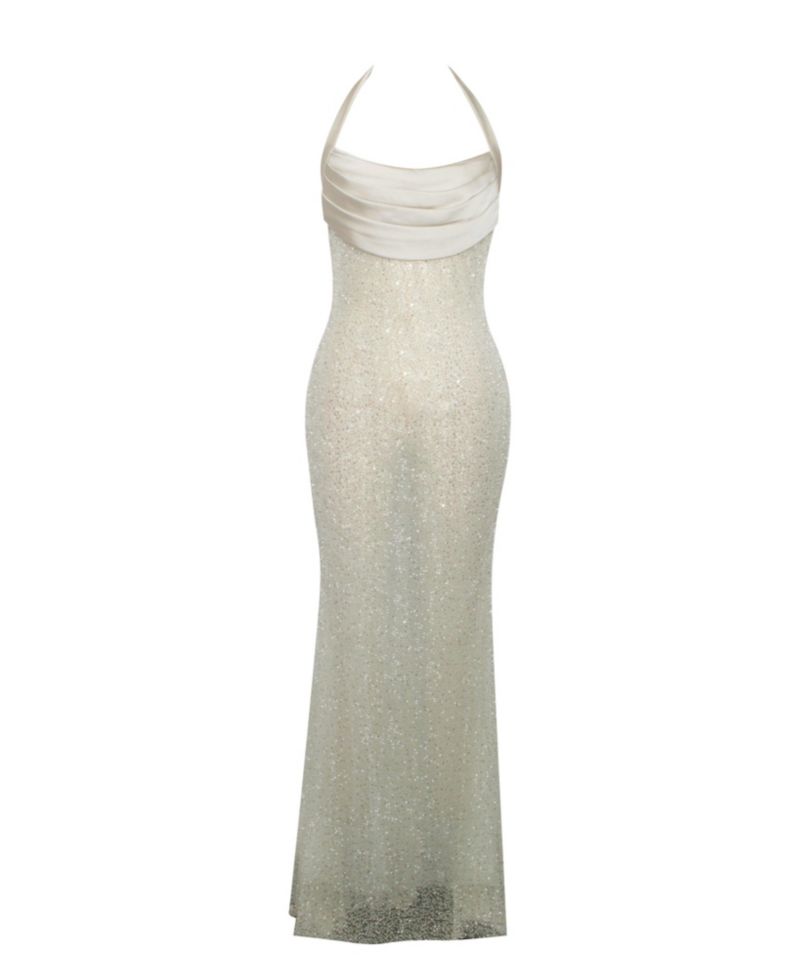 Women's Zahya Lime Halter Backless Beaded Mesh Gown