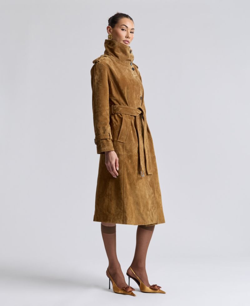 Women's Funnel-Neck Suede Oversized Trench Coat