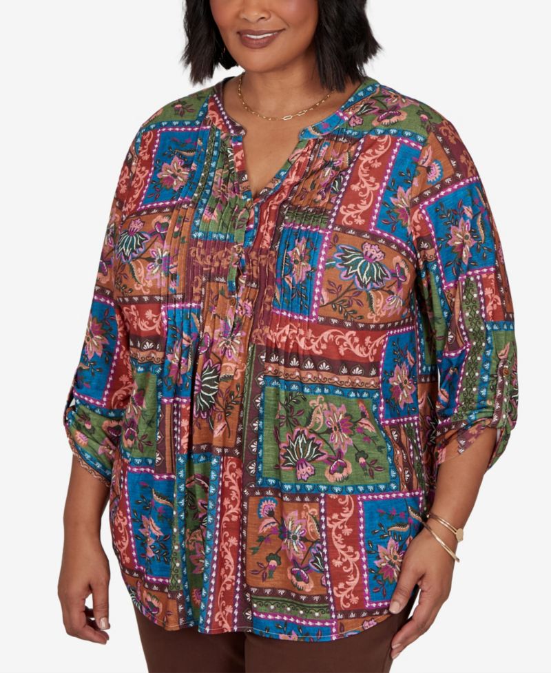 Plus Size Tapestry Floral 3/4-Sleeve Blouse