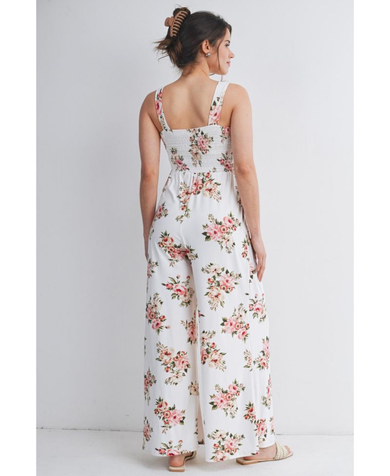 Maternity Floral Smocked Square Neck Wide Leg Jumpsuit with Pockets