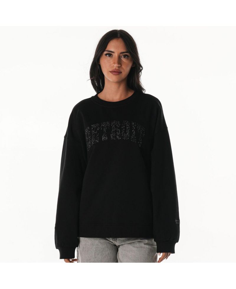 Women's Black Detroit Lions Rock Crystal Oversized Crewneck Sweatshirt