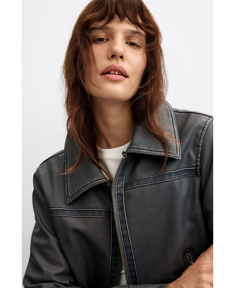 Women's Faux Leather Jacket with Fur Collar