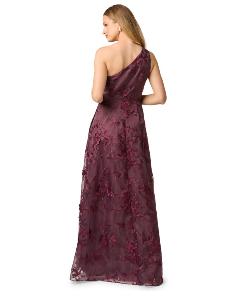 Women's Petite One-Shoulder Floral-Embroidered Ruffle Gown