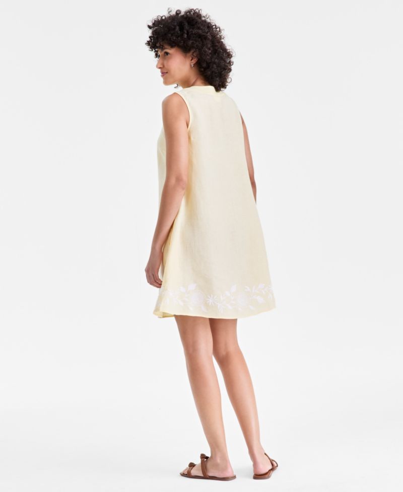 Women's 100% Linen Embroidered-Hem Sleeveless Dress