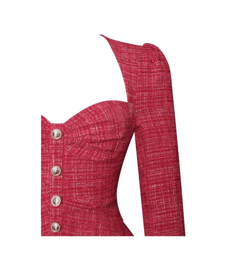 Women's Tae Red Tweed Long Sleeve Drop Waist Mini Dress