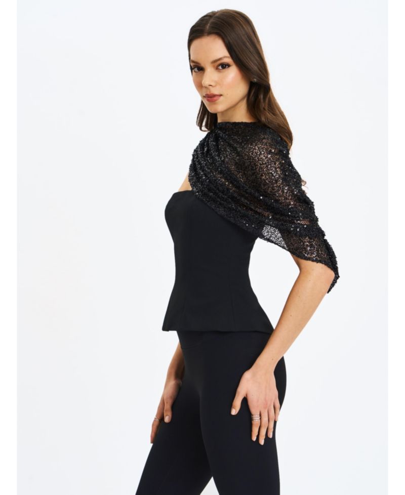 Women's Quinette Black Peplum Top with Beaded Asymmetrical Cape