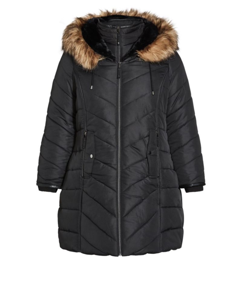 Women's Plus Size Chevron Long Puffer Coat with Faux Fur Hood