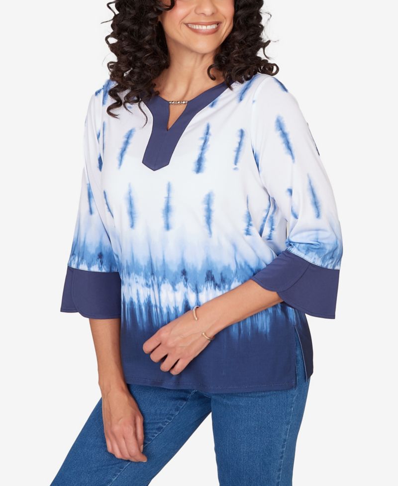 Petite Classic Tie Dye Border Split Neck Top